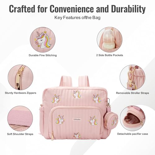 GOBABYMART Diaper Bag Backpack with Changing Pad - Travel Baby Bag, Insulated Bottle Pockets, Stroller Straps (Medium - Pink Unicorns) - Image 3