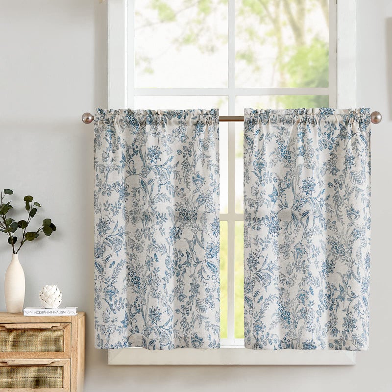 Lazzzy Kitchen Curtains Tier Curtains Linen Curtains Farmhouse Floral Gray Kitchen Cafe Curtains 24 Inch Length Small Rustic Country Curtains Rod Pocket Kitchen Curtain Set 2 Panels Blue on Beige - Image 1
