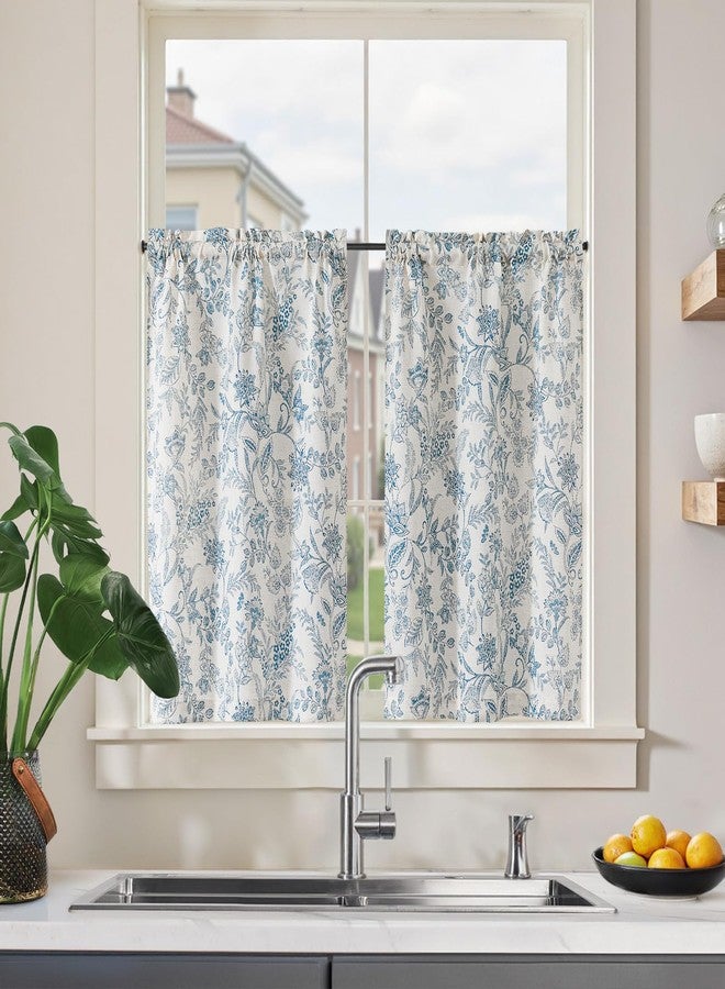 Lazzzy Kitchen Curtains Tier Curtains Linen Curtains Farmhouse Floral Gray Kitchen Cafe Curtains 24 Inch Length Small Rustic Country Curtains Rod Pocket Kitchen Curtain Set 2 Panels Blue on Beige - Image 3