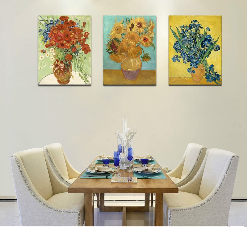 OKEXCKK 3 Piece Sunflowers- Irises Flower Vase Vincent Van Gogh Paintings, Classic Canvas Prints Wall Art for Home Decor 16"x24" - Image 3