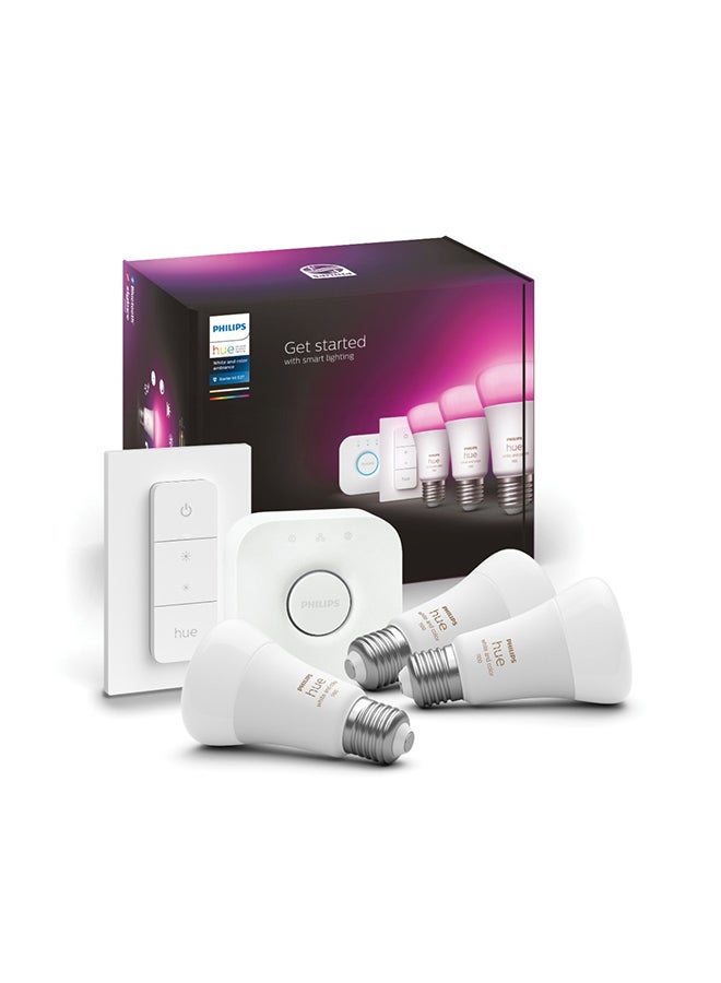 Philips Hue White & Colour Ambiance Starter Set with E27 Bulbs Pack of 2 (1100), Smart Button + Hue Bridge, Test Winner Stiftung Warentest (01/2024), 16 Million Colours Controllable by Voice and App Multi color - Image 1