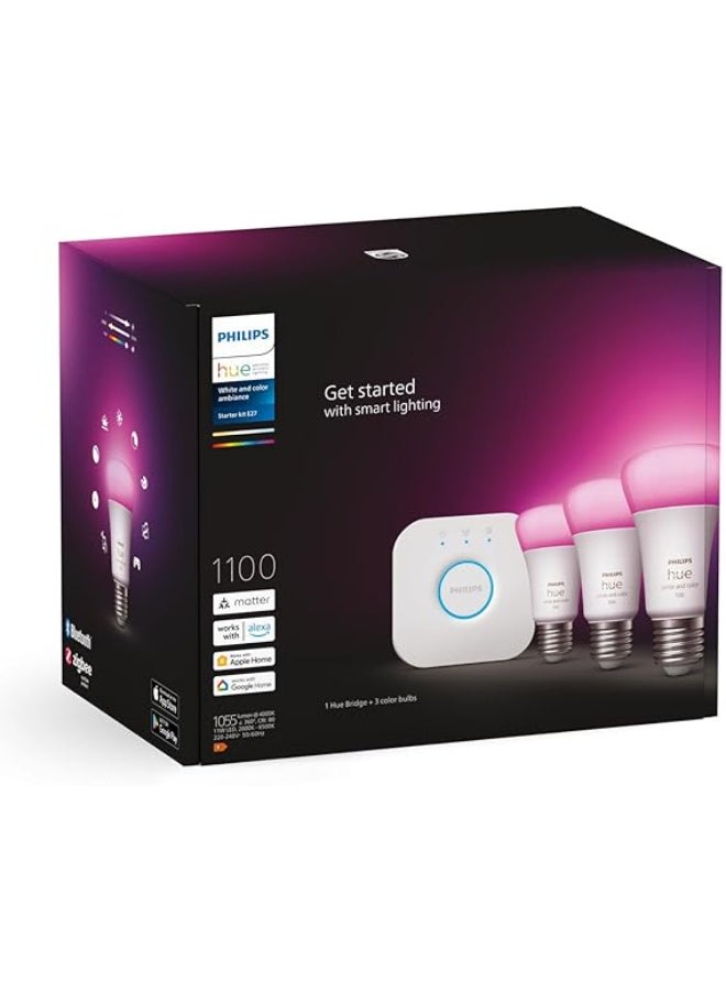 Philips Hue White & Colour Ambiance Starter Set with E27 Bulbs Pack of 2 (1100), Smart Button + Hue Bridge, Test Winner Stiftung Warentest (01/2024), 16 Million Colours Controllable by Voice and App Multi color - Image 5