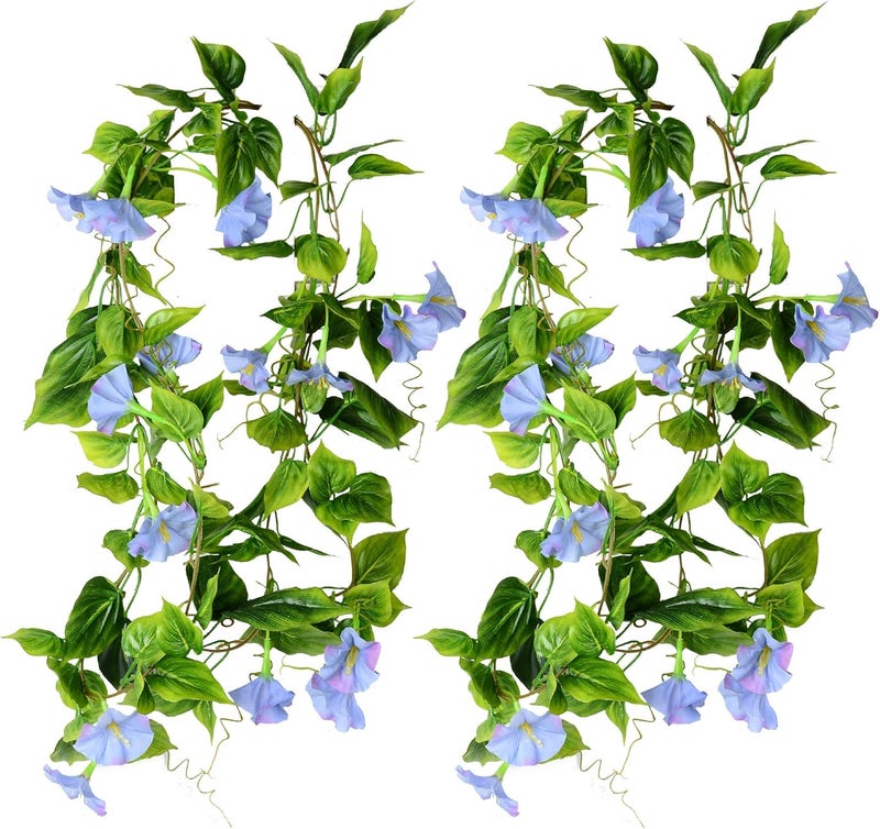 AirSun Artificial Morning Glory Flower Vines, 2pcs 15Feet Hanging Plants Silk Garland Fake Green Plant Home Garden Wall Fence Indoor Outdoor Wedding Birthday Decor (Purple Blue) - Image 1