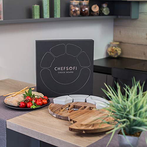 ChefSofi Charcuterie Board Set and Cheese Serving Platter - Made from Acacia Wood - US Patented 13 inch Cheese Board and Knife Set for Entertaining and Serving - 4 Knives and 4 Bowls - Image 3