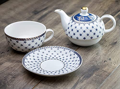 Grace Teaware Porcelain 4-Piece Tea For One (Trellis Blue Gold) - Image 3