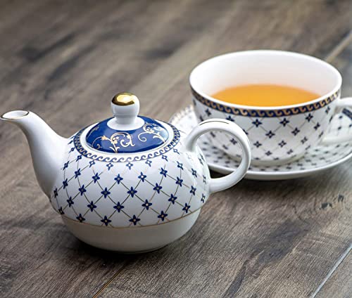 Grace Teaware Porcelain 4-Piece Tea For One (Trellis Blue Gold) - Image 2