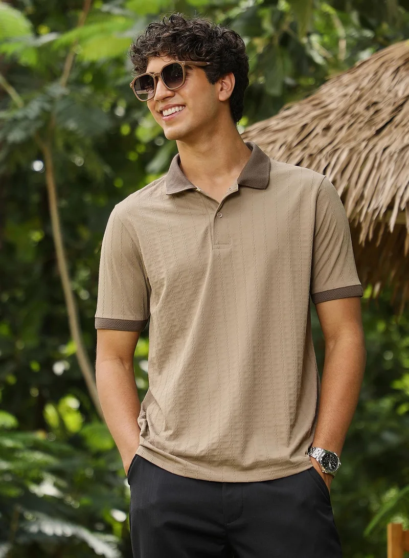 Campus Sutra Campus Sutra Men Rope-Lined Textured Polo T-Shirt | Jacquard Polo Neck Short Cuffed Sleeves | Half-Button Closure | Floral Jacquard | Knitted Fabric For Casual & Daily Wear | Pastel Brown