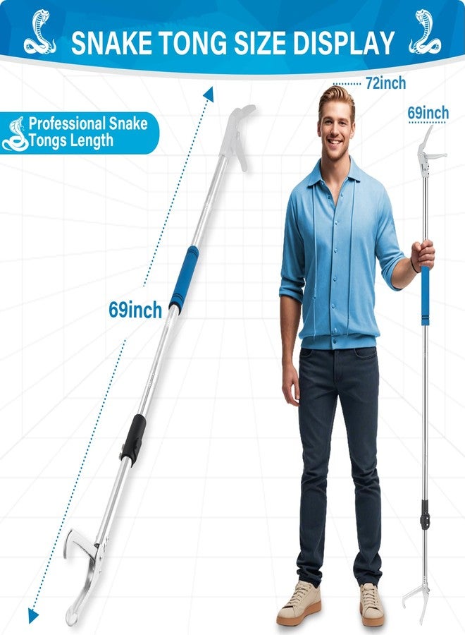Frebuta Snake Tongs, 69Inch Professional Snake Grabber Tool with Long Handle Catch Rattlesnake with Wide Jaw Handling Tool Stainless Steel Tube Non-Slip Sponge Handle Snake Feeding Tongs (Blue) - Image 2