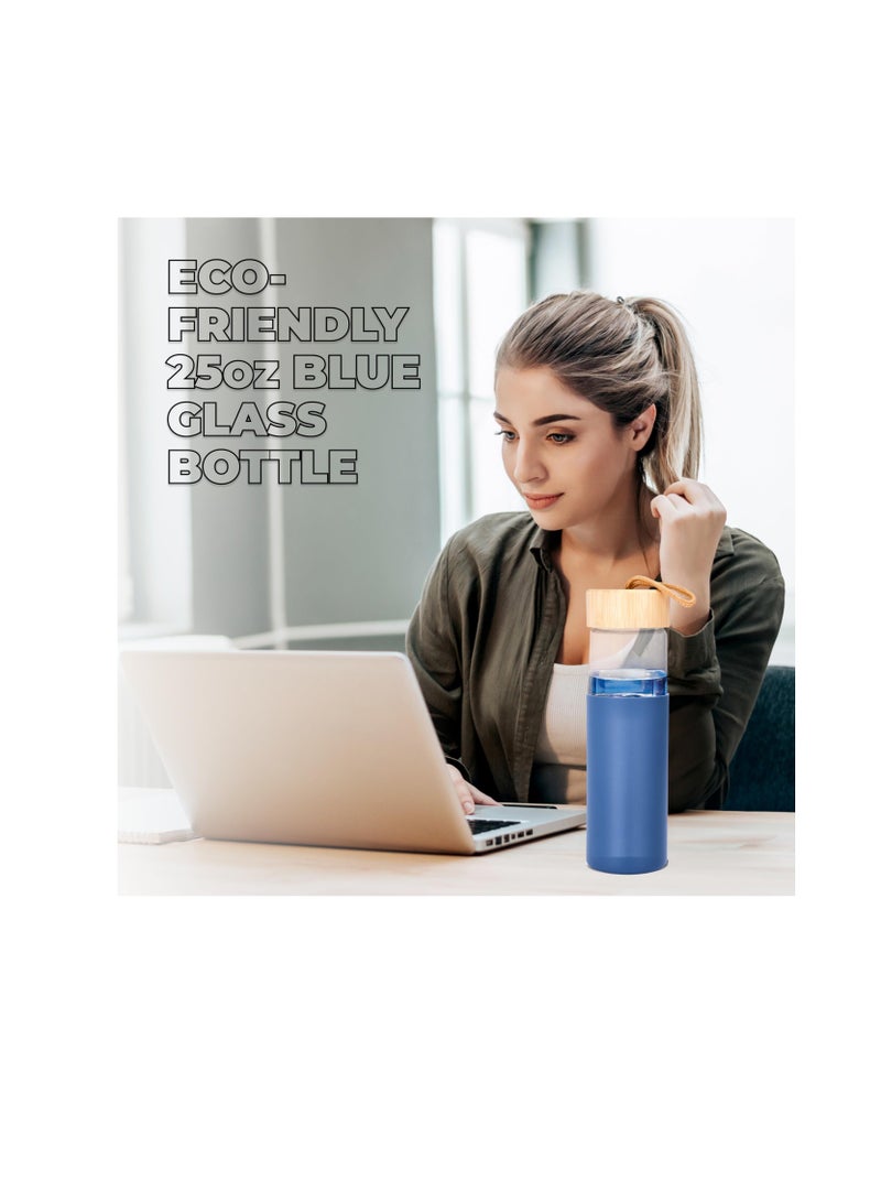 Generic Glass Water Bottle, 500ML Gym Drinking Bottles with Slip Resistant Silicone Sleeve and Leak Proof Bamboo Lid, Clear Sports Bottle Made of Borosilicate Glass, Blue  - Image 2
