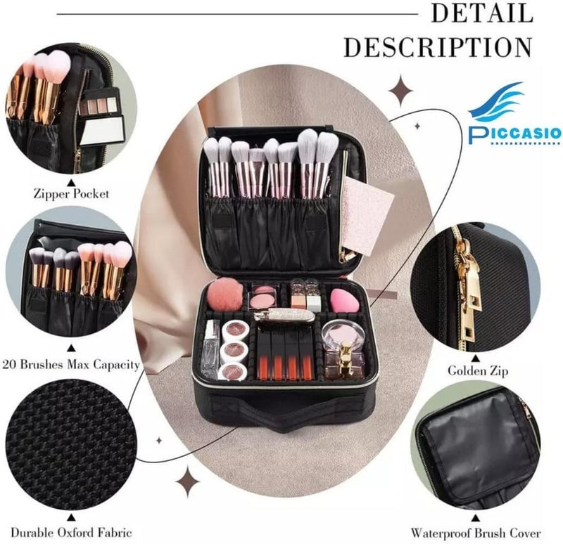 Piccasio Makeup Bag Waterproof Travel Train Organizer Toiletry Bag, Mini Trapeze Cosmetic Case for Women & Girls, Portable Makeup Brush Set Storage Organizer with Handle & Dividers, Black (22*25*10) - Image 4