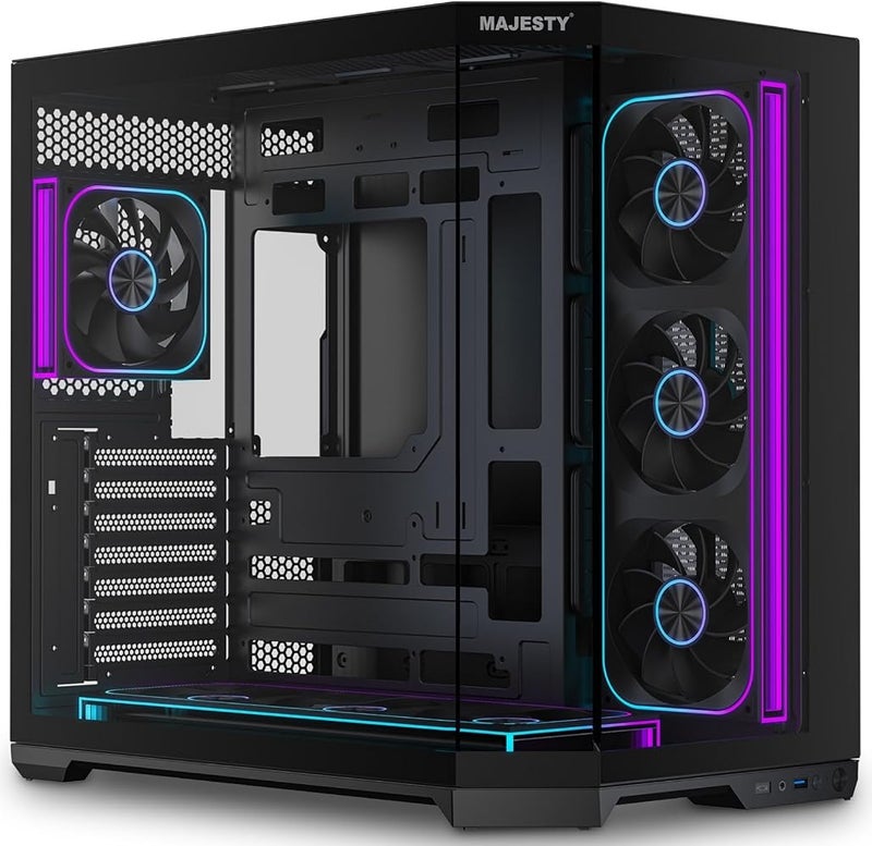 ماجيستي 1 Majesty Mavera Pro صندوق كمبيوتر برج متوسط 7 مراوح Infiniti ARGB مثبتة مسبقًا دعم ATX دعم مبرد مائي 360 مم منافذ Type-C و 2 × USB 3.0 تصميم التوصيل الخلفي أسود - Image 1