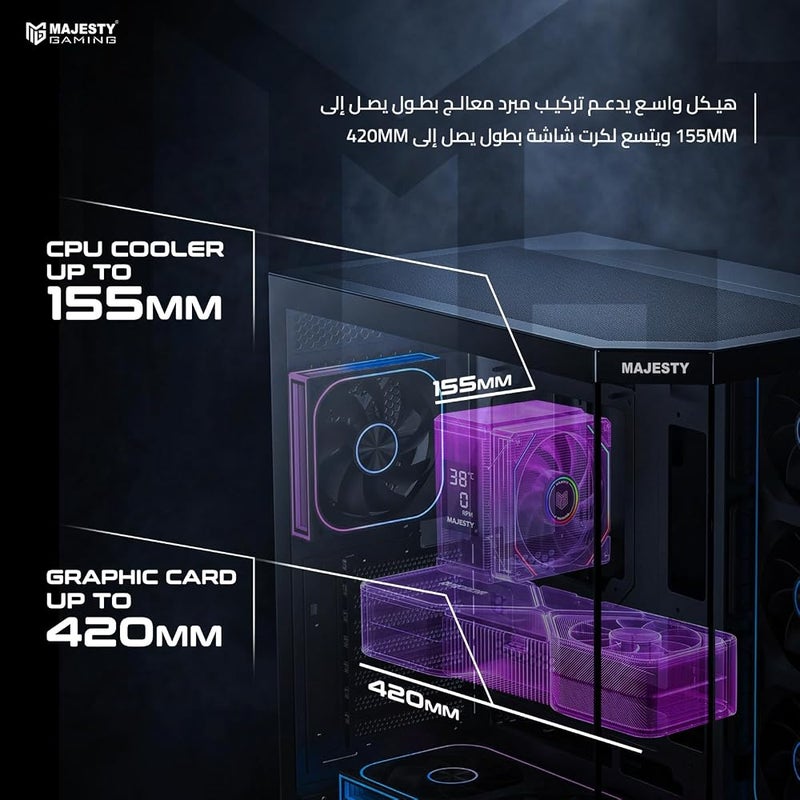 ماجيستي 1 Majesty Mavera Pro صندوق كمبيوتر برج متوسط 7 مراوح Infiniti ARGB مثبتة مسبقًا دعم ATX دعم مبرد مائي 360 مم منافذ Type-C و 2 × USB 3.0 تصميم التوصيل الخلفي أسود - Image 4