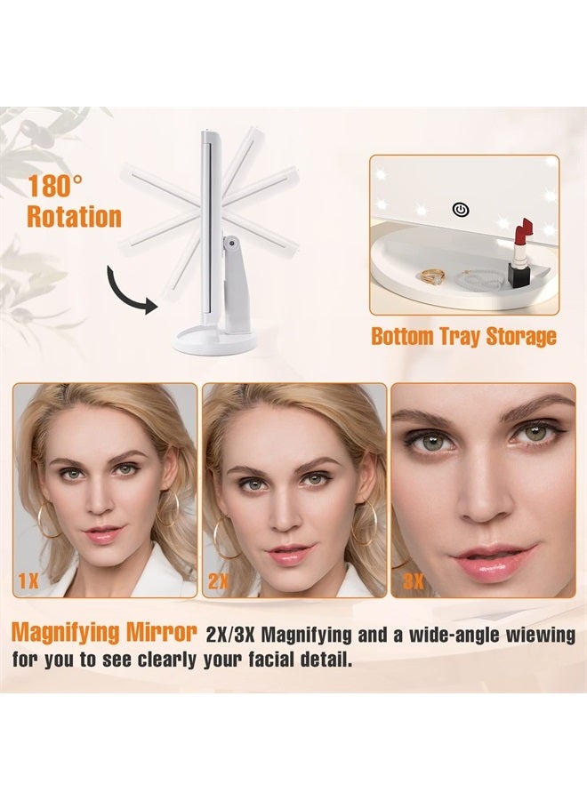 مرآة تجميل ثلاثية الطي مع أضواء، مرآة مكياج مضاءة 2X/3X تكبير، 21 LED مع تحكم باللمس، دوران 90°، مرآة تجميل مضاءة، مرآة مكياج مع إضاءة (بيضاء)