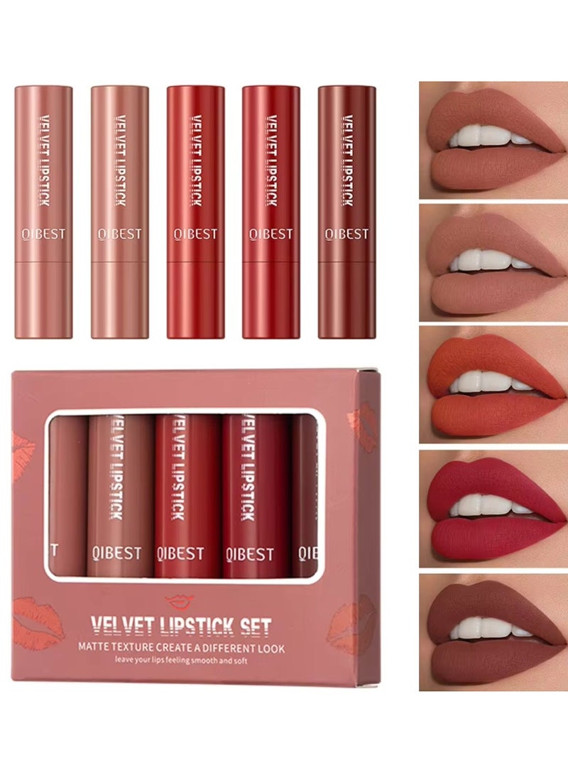 QiBest 5 Colors Velvet Lipstick Set Velvet Matte Texture Lipstick Set Creamy Cover Soft Matte Full Coverage Lipstick Set Long Lasting Non Drying Nourishing Matte Lipstick Set B - Image 1