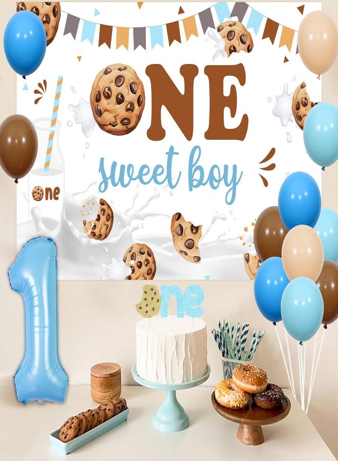 Balterever Boys Milk and Cookies 1st Birthday Decoration - One Sweet Boy Backdrop, Cake Topper for One Year Old - Image 3