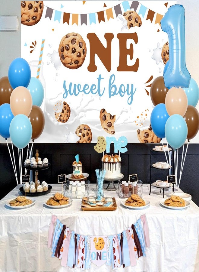 Balterever Boys Milk and Cookies 1st Birthday Decoration - One Sweet Boy Backdrop, Cake Topper for One Year Old - Image 2