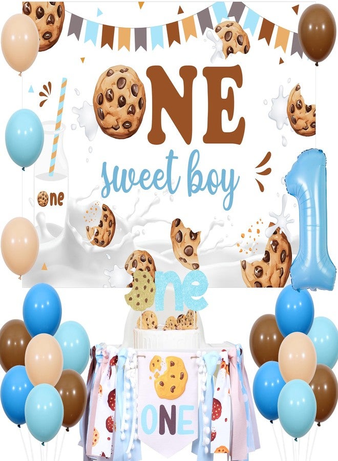 Balterever Boys Milk and Cookies 1st Birthday Decoration - One Sweet Boy Backdrop, Cake Topper for One Year Old - Image 1