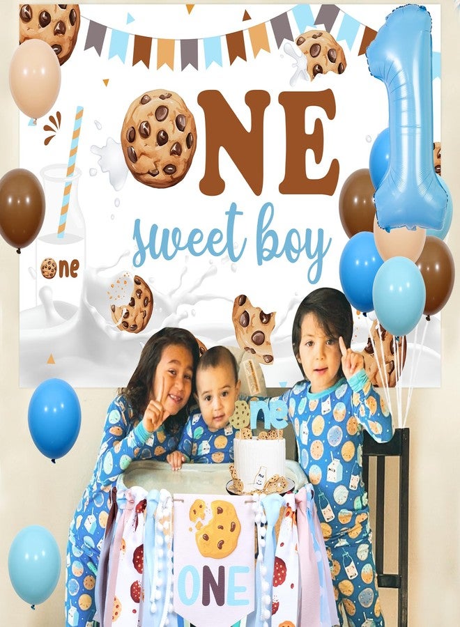 Balterever Boys Milk and Cookies 1st Birthday Decoration - One Sweet Boy Backdrop, Cake Topper for One Year Old - Image 4