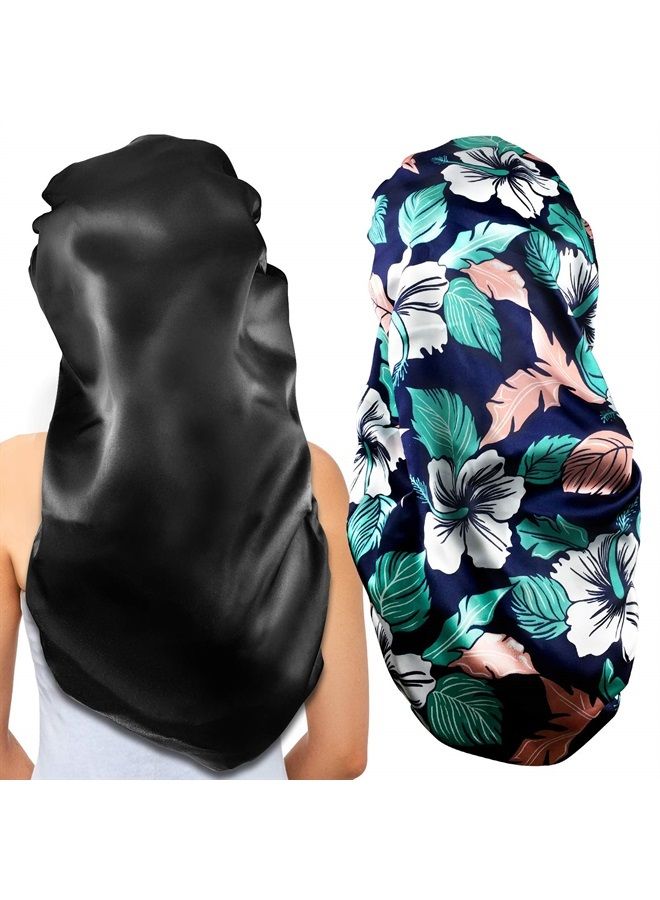 Gelme Nutri 2Pcs Long Satin Bonnet Sleep Cap,Extra Large Braids Bonnets for Sleeping,Long Hair,Soft&Comfortable Elastic Band Bonnets for Women Night Sleep,Hair Bonnets for Women Satin (Black+Green Pattern) - Image 1