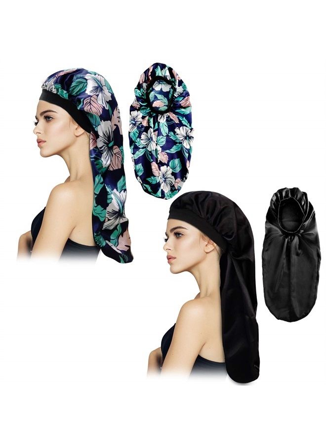 Gelme Nutri 2Pcs Long Satin Bonnet Sleep Cap,Extra Large Braids Bonnets for Sleeping,Long Hair,Soft&Comfortable Elastic Band Bonnets for Women Night Sleep,Hair Bonnets for Women Satin (Black+Green Pattern) - Image 3