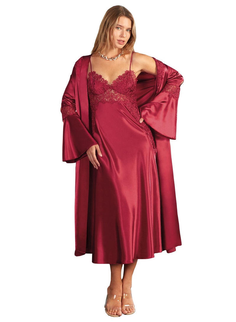Nurteks Turkish Satin Long Nightgown with Robe for Women Maroon
