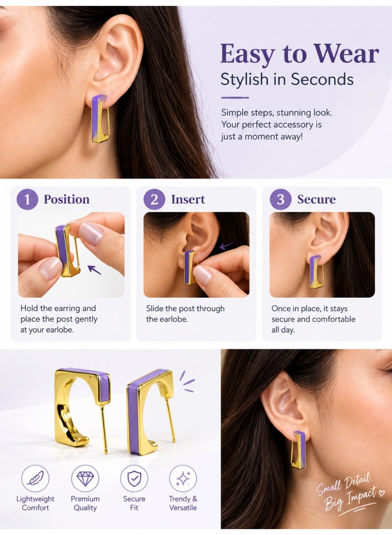 R.C.E Accessories Lavender Square Hoop Earrings for Women - Lightweight Gold-Tone Fashion Jewellery - Image 4