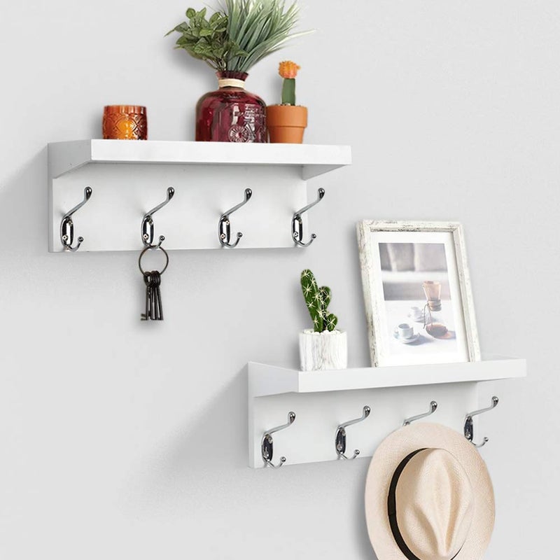 AHDECOR Entryway Floating Wall Mounted Coat Rack Storage Hanging Shelf with 4 Durable Hangers White Set of 2