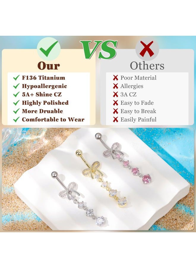 REVOLIA 14G F136 Titanium Dangle Belly Button Ring for Women Dangling Navel Ring Hypoallergenic Belly Ring Internally Threaded Barbell CZ Bow Navel Piercing Jewelry, Titanium Cubic Zirconia, cubic - Image 5