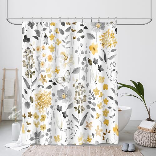 MAYZUS Yellow Floral Shower Curtain Yellow Grey Cute Flower Fabric Shower Curtain for Bathroom Watercolor Wildflower Butterfly Cloth Shower Curtain Set with Hooks 72x72 - Image 3