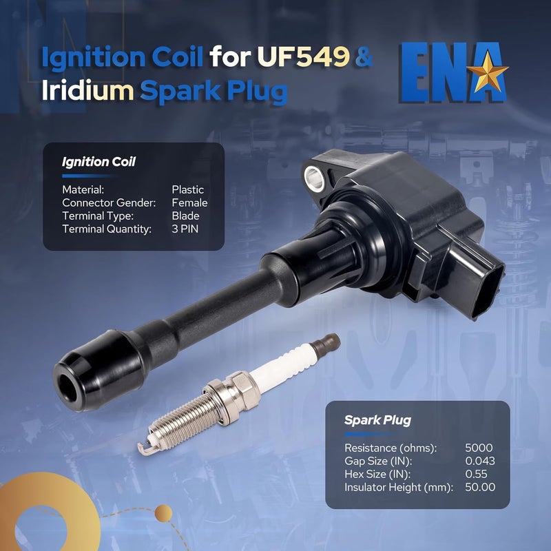 ENA UF549 Ignition Coil Pack and 9029 Double Iridium Spark Plug Compatible with Nissan Altima Versa Sentra Rogue Select Cube Pathfinder 2007 2008 2009 2010 2011 2012 2013 2.5 1.8 1.6 2.0 L4 Set of 4 - Image 2
