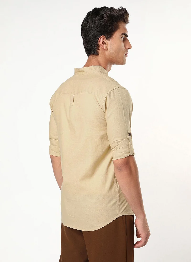Urbano Fashion  Urbano Fashion Men's Beige Linen Blend Full Sleeve Relaxed Fit Mandarin Collar Casual Solid Shirt for Men | Best Price UAE