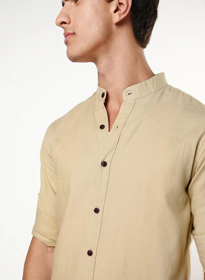 Urbano Fashion  Urbano Fashion Men's Beige Linen Blend Full Sleeve Relaxed Fit Mandarin Collar Casual Solid Shirt for Men | Best Price UAE