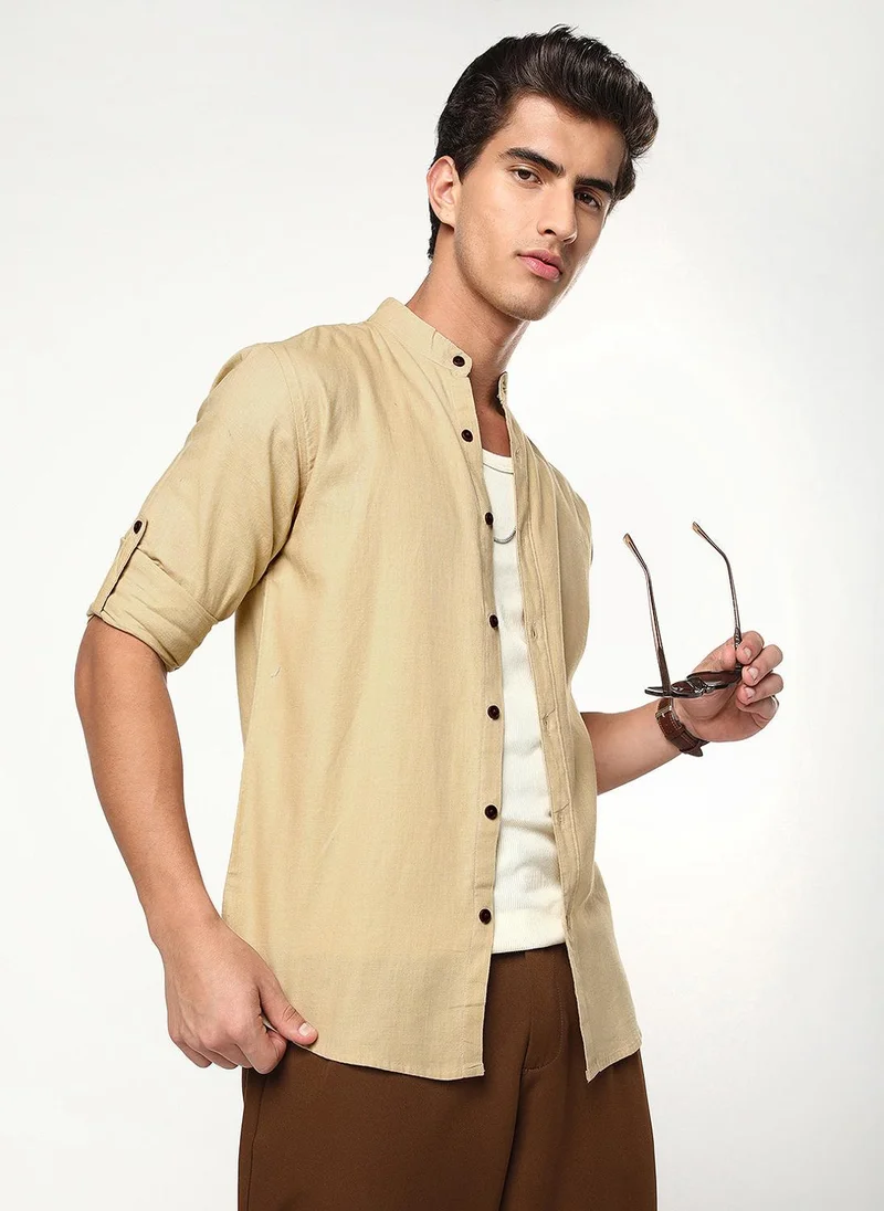 Urbano Fashion  Urbano Fashion Men's Beige Linen Blend Full Sleeve Relaxed Fit Mandarin Collar Casual Solid Shirt for Men | Best Price UAE