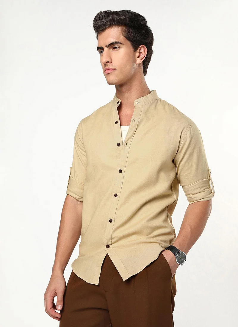 Urbano Fashion Men's Beige Linen Blend Full Sleeve Relaxed Fit Mandarin Collar Casual Solid Shirt