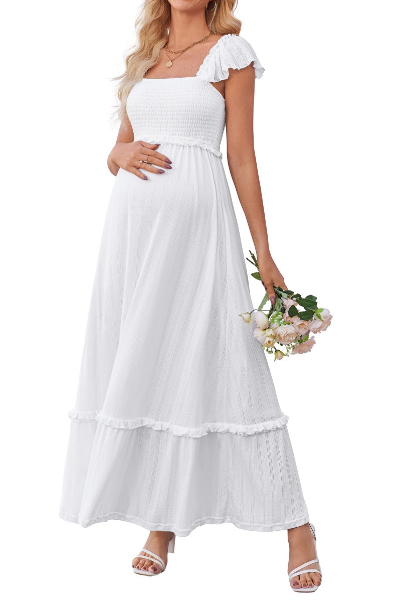 OUGES Womens 2026 Summer Maternity Maxi Dresses for Photoshoot Ruffle Sleeve Square Neck Wedding Guest Baby Shower Long Dress Flowy Pregnancy Must Have Maternity Clothes (White,XL) - Image 1