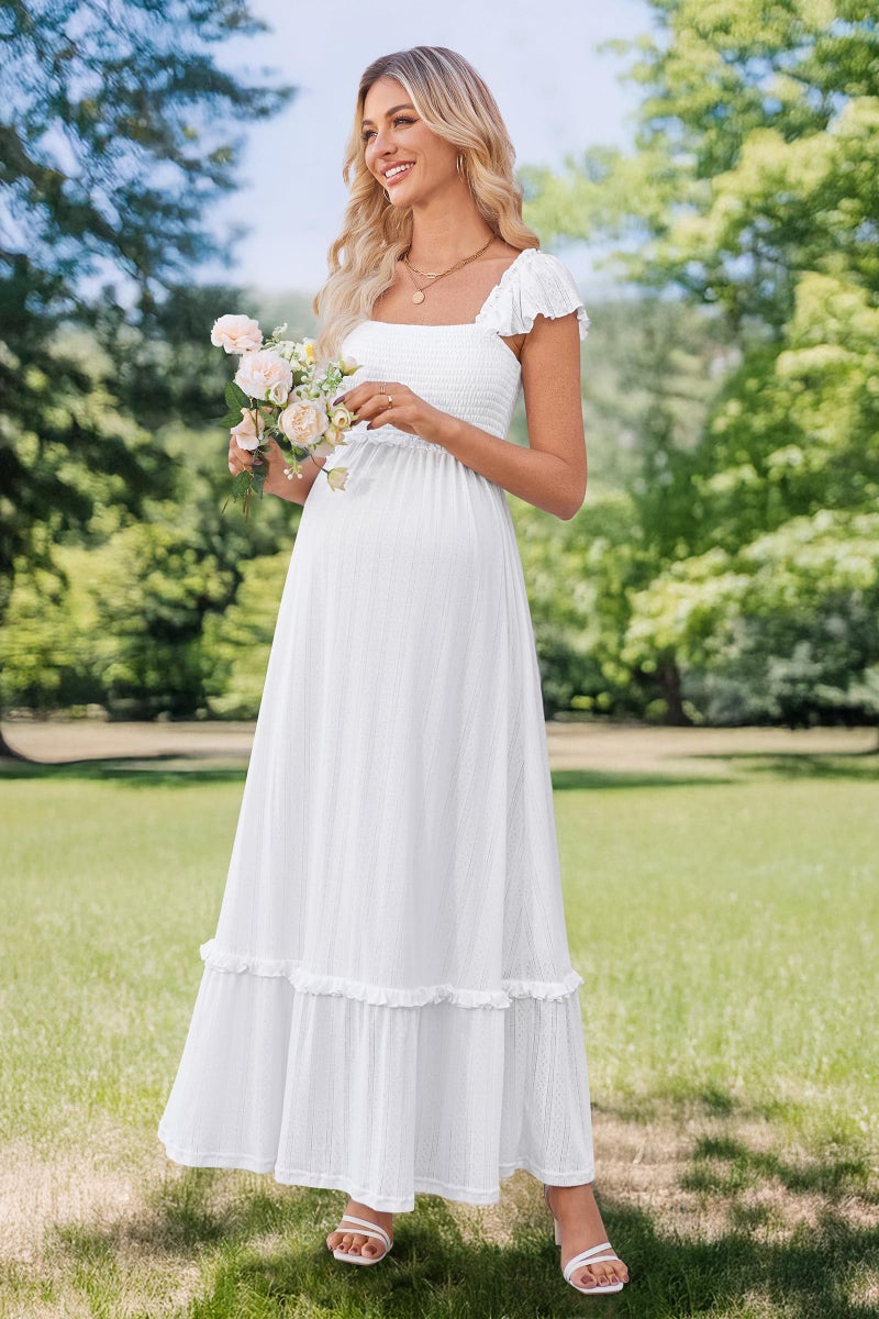 OUGES Womens 2026 Summer Maternity Maxi Dresses for Photoshoot Ruffle Sleeve Square Neck Wedding Guest Baby Shower Long Dress Flowy Pregnancy Must Have Maternity Clothes (White,XL) - Image 5