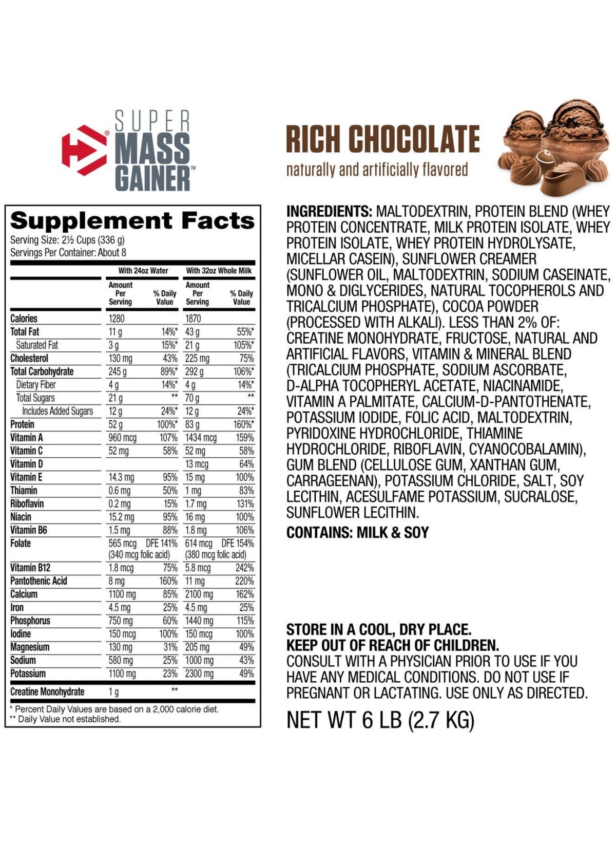 Super Mass Gainer High Protein And Carb Blend Dietary Supplement, Rich Chocolate, 6Lb