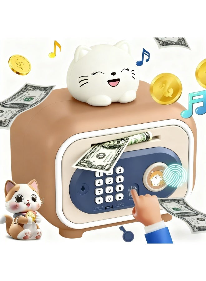 بنك النقود الإلكترونية للأطفال – حصالة ذكية مزودة بخاصية التقاط الأوراق النقدية تلقائيًا، وقفل بكلمة مرور، وقفل ببصمة الإصبع، وتخزين العملات المعدنية، ومؤثرات صوتية، ولعبة تعليمية لتعليم المفاهيم المالية وعادات الادخار (قطة مبتسمة، بني) - Image 1