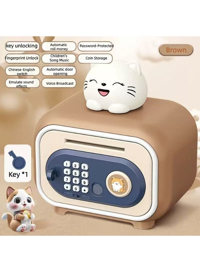 بنك النقود الإلكترونية للأطفال – حصالة ذكية مزودة بخاصية التقاط الأوراق النقدية تلقائيًا، وقفل بكلمة مرور، وقفل ببصمة الإصبع، وتخزين العملات المعدنية، ومؤثرات صوتية، ولعبة تعليمية لتعليم المفاهيم المالية وعادات الادخار (قطة مبتسمة، بني) - Image 2