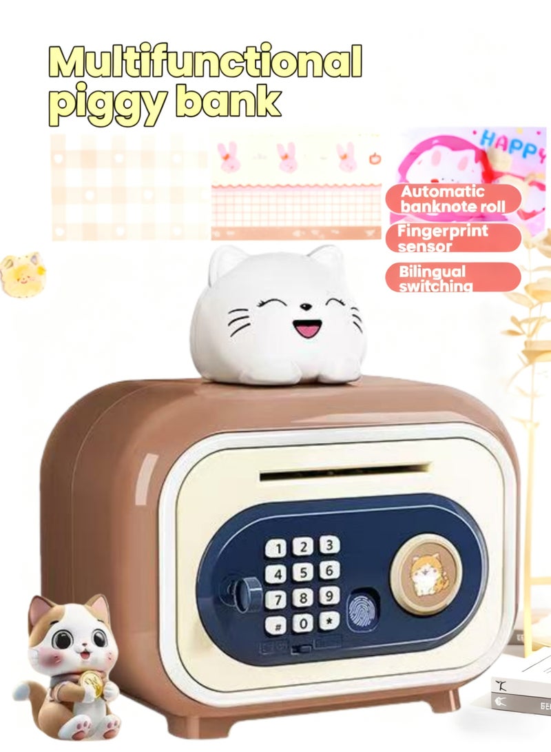 بنك النقود الإلكترونية للأطفال – حصالة ذكية مزودة بخاصية التقاط الأوراق النقدية تلقائيًا، وقفل بكلمة مرور، وقفل ببصمة الإصبع، وتخزين العملات المعدنية، ومؤثرات صوتية، ولعبة تعليمية لتعليم المفاهيم المالية وعادات الادخار (قطة مبتسمة، بني) - Image 3