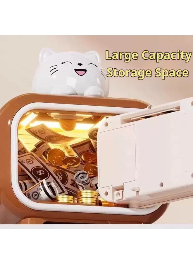 بنك النقود الإلكترونية للأطفال – حصالة ذكية مزودة بخاصية التقاط الأوراق النقدية تلقائيًا، وقفل بكلمة مرور، وقفل ببصمة الإصبع، وتخزين العملات المعدنية، ومؤثرات صوتية، ولعبة تعليمية لتعليم المفاهيم المالية وعادات الادخار (قطة مبتسمة، بني) - Image 4