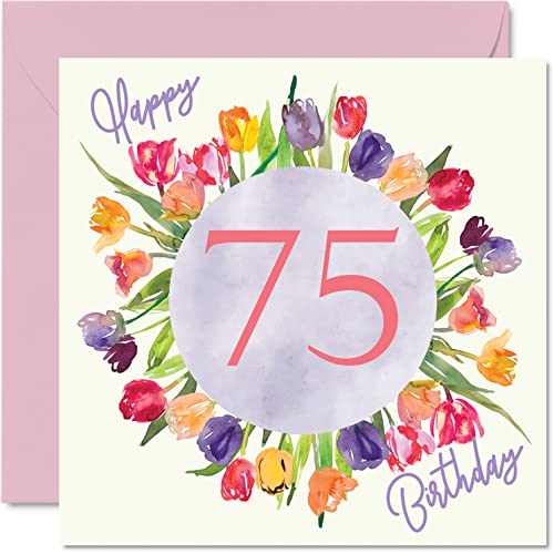 Stuff4 75th Birthday Cards for Women - Floral Watercolour Tulips Design - Blank Inside with Envelope, 5.7 x 5.7 Inch - No Ink Smudge - Unique Birthday Card for Her, Mother, Grandma, or Auntie - Image 1