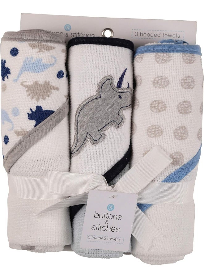 Buttons and Stitches Baby Boys 3 Pack Infant Hooded Towel, Triceratops Prints (GS71365)