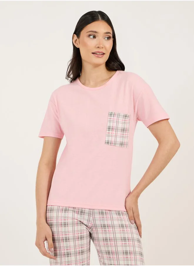 Styli Checked Print Pocket Dropped Shoulder T-Shirt & Pyjama Set