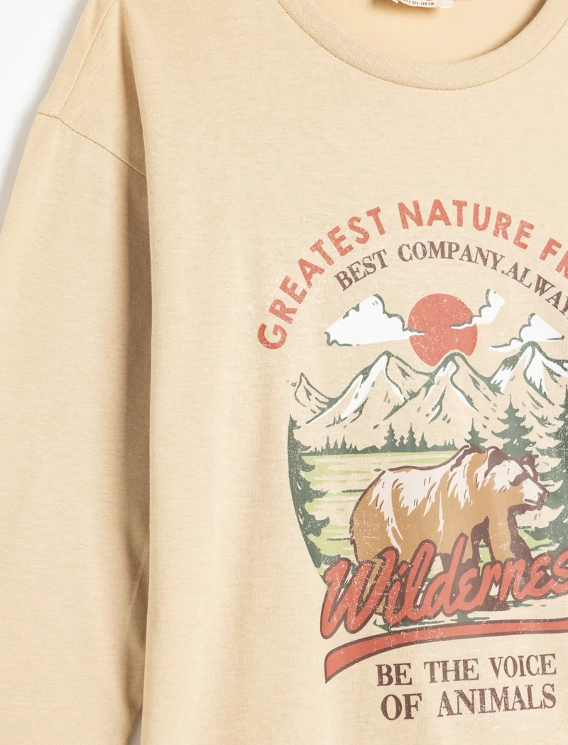 كوتون Oversize T-Shirt Long Sleeve Crew Neck Printed Detail Cotton