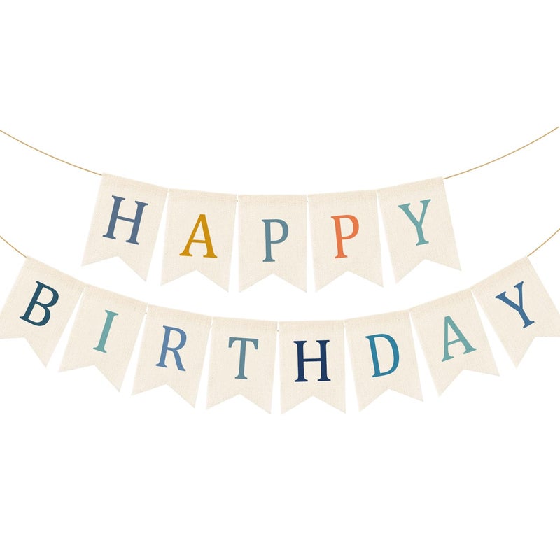 Doumeny Happy Birthday Burlap Banner Boho Birthday Bunting Garland Blue Bohemian Sign Flag White Birthday Hanging Banner Pastel Rainbow Party Decor for Home Mantel Fireplace Nursery Party Backdrop - Image 1