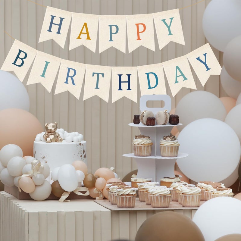 Doumeny Happy Birthday Burlap Banner Boho Birthday Bunting Garland Blue Bohemian Sign Flag White Birthday Hanging Banner Pastel Rainbow Party Decor for Home Mantel Fireplace Nursery Party Backdrop - Image 4