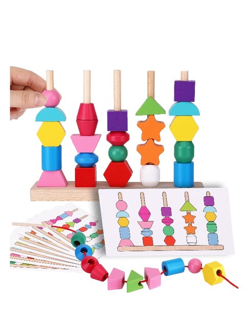 Montessori Lacing Bead Sequencing Toy Set, Fine Motor Skills Toys for Toddlers, Wooden Beads Stacking Blocks Matching Shape Colors Counting Block, Learning Resources Toys for Toddlers 3 4 5 Years Old