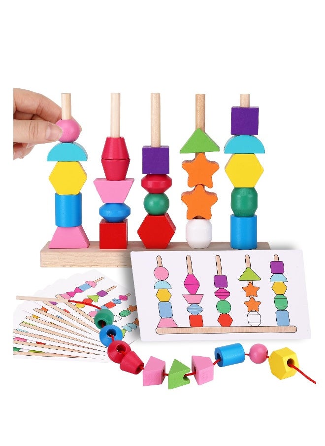 null - Montessori Lacing Bead Sequencing Toy Set, Fine Motor Skills Toys for Toddlers, Wooden Beads Stacking Blocks Matching Shape Colors Counting Block, Learning Resources Toys for Toddlers 3 4 5 Years Old - Image 1
