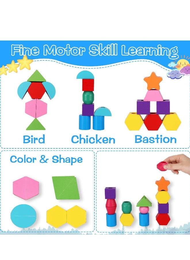 null - Montessori Lacing Bead Sequencing Toy Set, Fine Motor Skills Toys for Toddlers, Wooden Beads Stacking Blocks Matching Shape Colors Counting Block, Learning Resources Toys for Toddlers 3 4 5 Years Old - Image 1